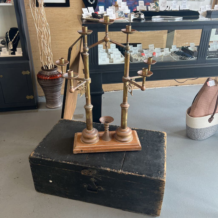 Antique Brass Candleabra w Wooden Base & Original Storage Box
