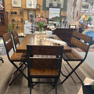 Rustic Dark Wood Table w 4 Chairs & 2 Seat Bench- Dark Grey Metal Look Base On All