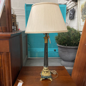 Green & Gold Patina Lamp with Cream Fabric Pleated Shade