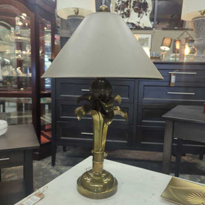 Solid Brass Lamp with Cut Leaf Accent - Taupe Shade