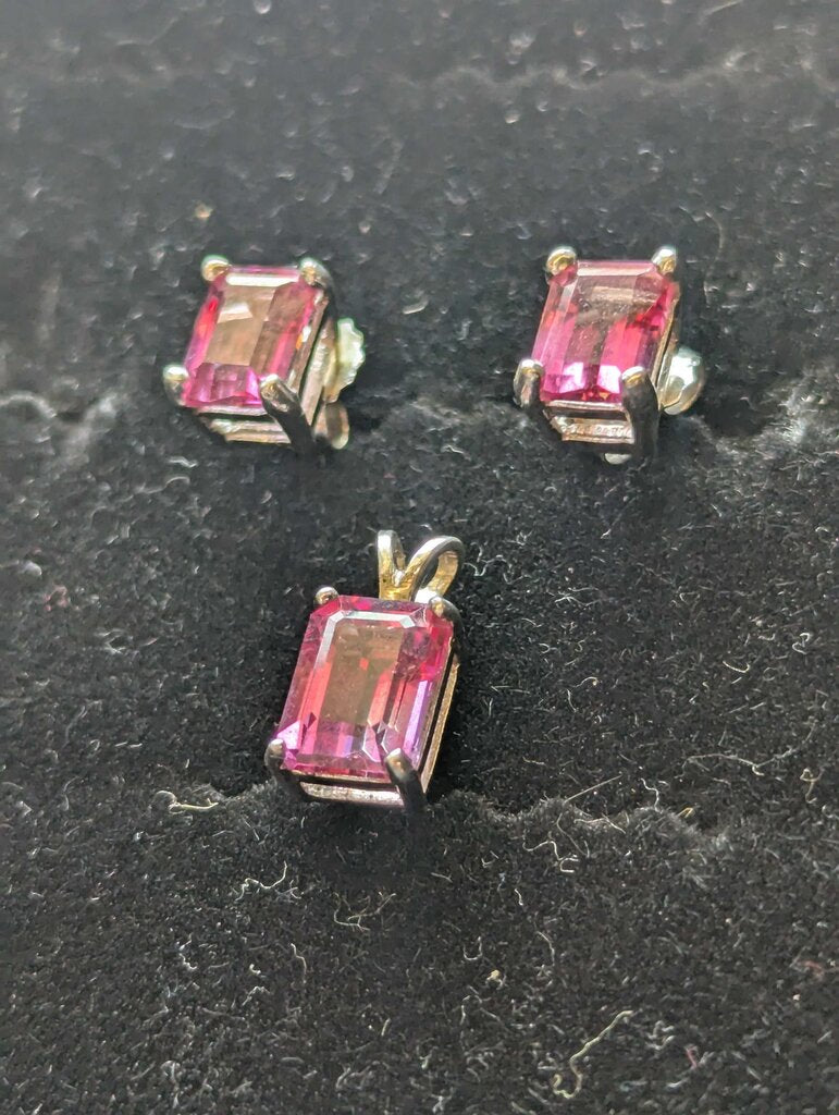 Pink Cubic Zirconia Earring/Pendant Set Sterling Silver