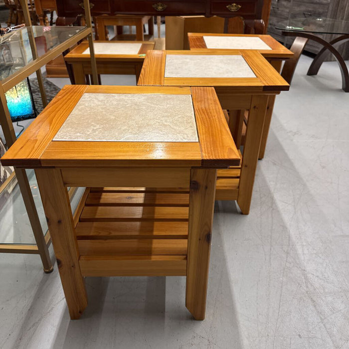 Square Pine Side Table w White Tile Top, Lower Shelf