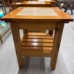 Square Pine Side Table w White Tile Top, Lower Shelf