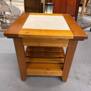 Square Pine Side Table w White Tile Top, Lower Shelf