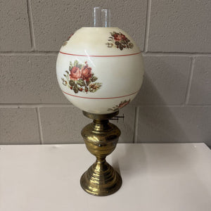 Antique Brass Parlor Oil Lamp w Floral Globe Shade & Hurricane