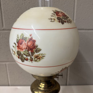 Antique Brass Parlor Oil Lamp w Floral Globe Shade & Hurricane