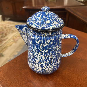 White/ Blue Tin Coffee Pot w Lid