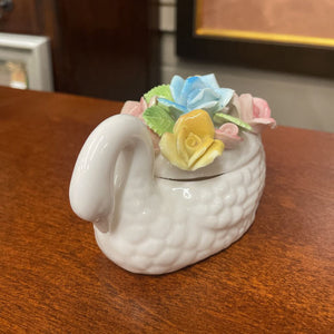 Porcelain Swan Trinket Dish w Rose Lid - Made in Japan