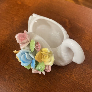 Porcelain Swan Trinket Dish w Rose Lid - Made in Japan