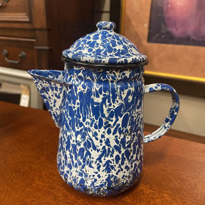 Tin Coffee Pot w Lid - Blue & White