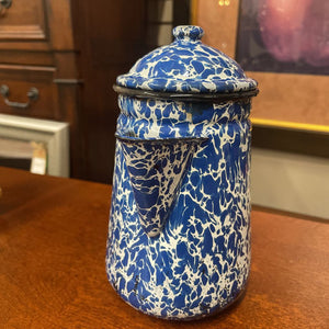 Tin Coffee Pot w Lid - Blue & White