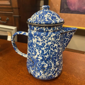 Tin Coffee Pot w Lid - Blue & White
