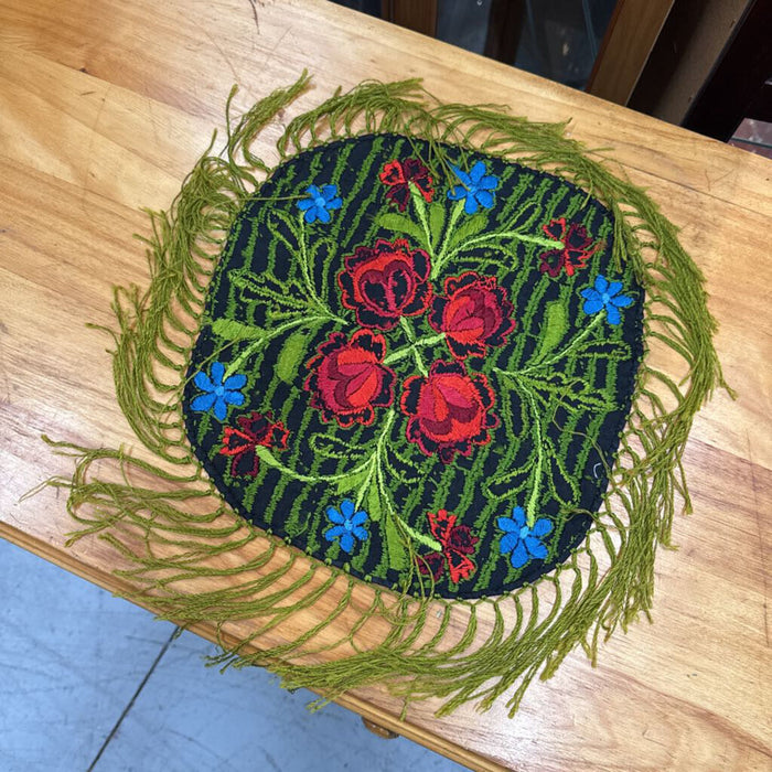 Green Embroidered Table Mat w Fringe