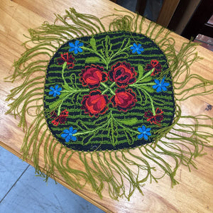 Green Embroidered Table Mat w Fringe