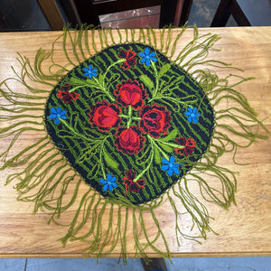 Green Embroidered Table Mat w Fringe