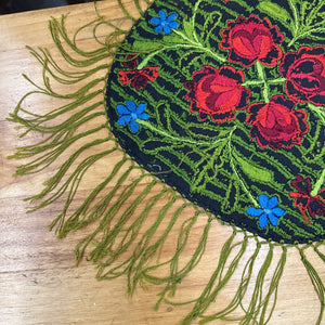 Green Embroidered Table Mat w Fringe