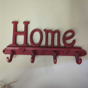 Red Cast Iron 'Home' 4 Hook Key Holder