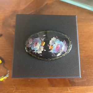 Vintage Russian Handpainted Black Lacquer Brooch- Floral Design