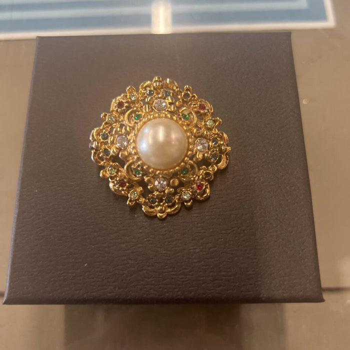 Vintage Faux Pearl Rhinestone Brooch