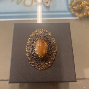Vintage Amber Coloured Stone & Brass Brooch