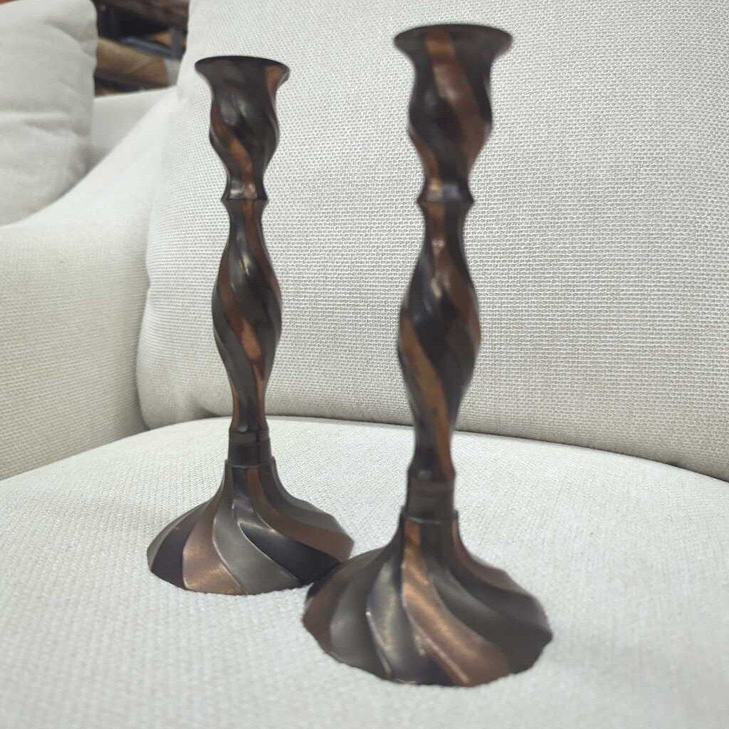 Pair of Swirl Detail Bronze Candlesticks