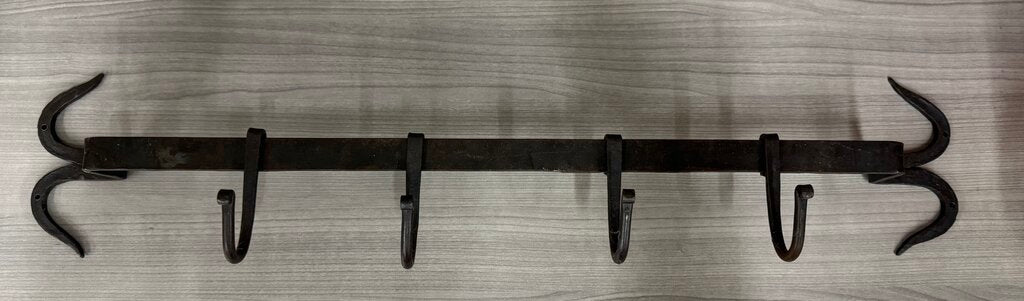 Rustic Hammered Cast Iron (4) Hooks w Rod