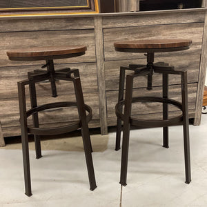 Adjustable Wood Seat Stools (PAIR) w Metal Base