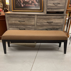 Narrow Wood Bench w Brown Circled Fabric
