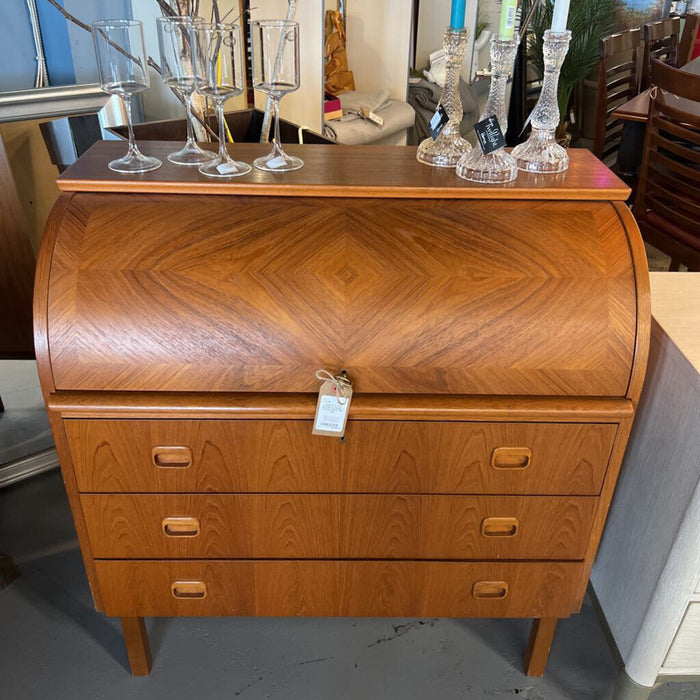 Teak Roll Top Secretary Desk, 3 Drawer