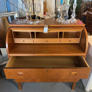 Teak Roll Top Secretary Desk, 3 Drawer