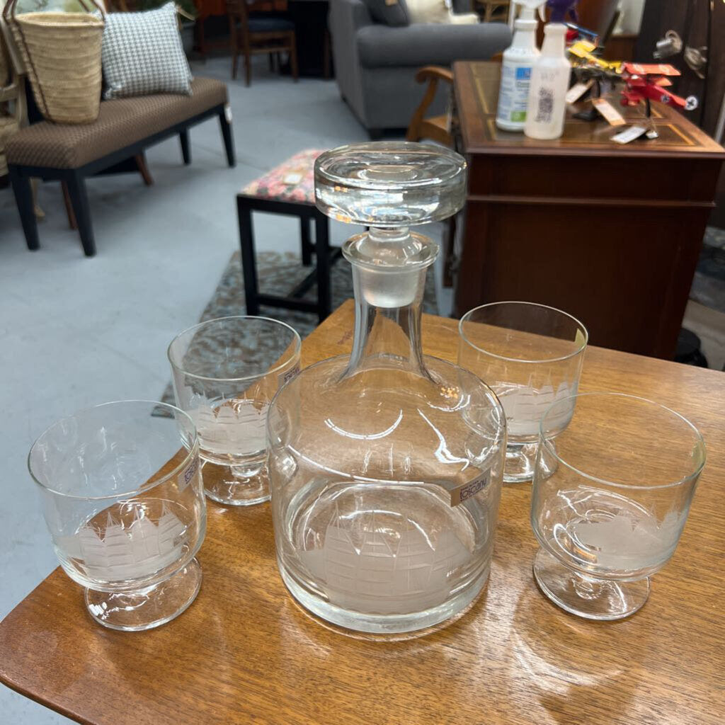 Glass Decanter & Glass Set w Etched Sailboat Design