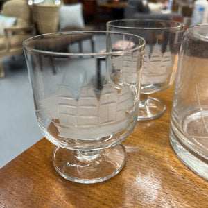 Glass Decanter & Glass Set w Etched Sailboat Design