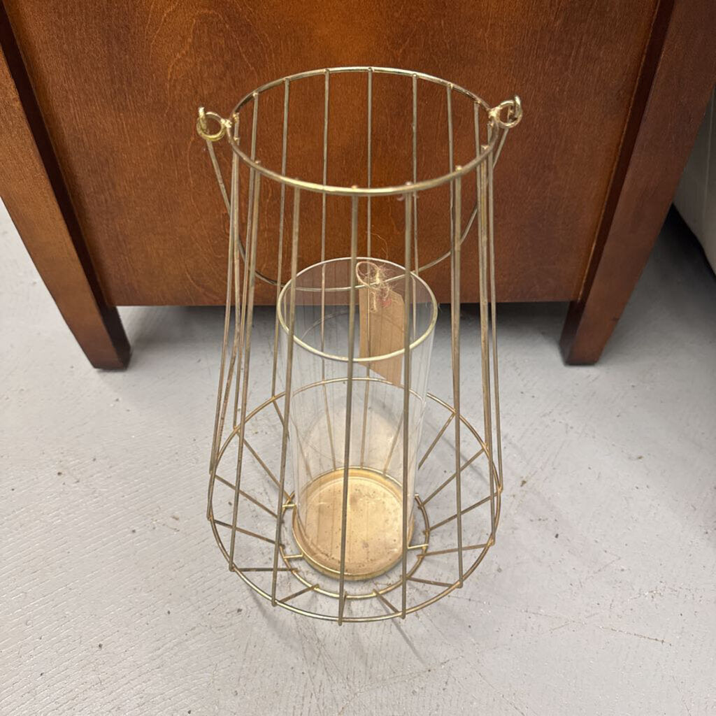 Gold Metal Pillar Candle Holder w Handles & Hurricane- Straight Design