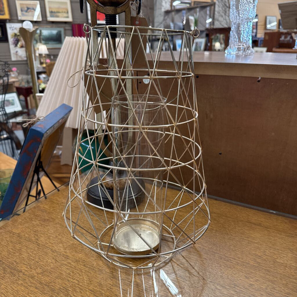 Gold Metal Pillar Candle Holder w Handles & Hurricane- Cross Design