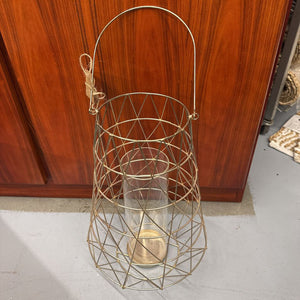Gold Metal Pillar Candle Holder w Handles & Hurricane- Cross Design