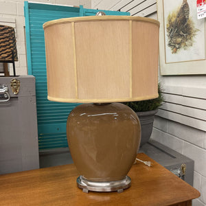 Dark Taupe Ceramic Table Lamp w Gold Oval Lamp Shade