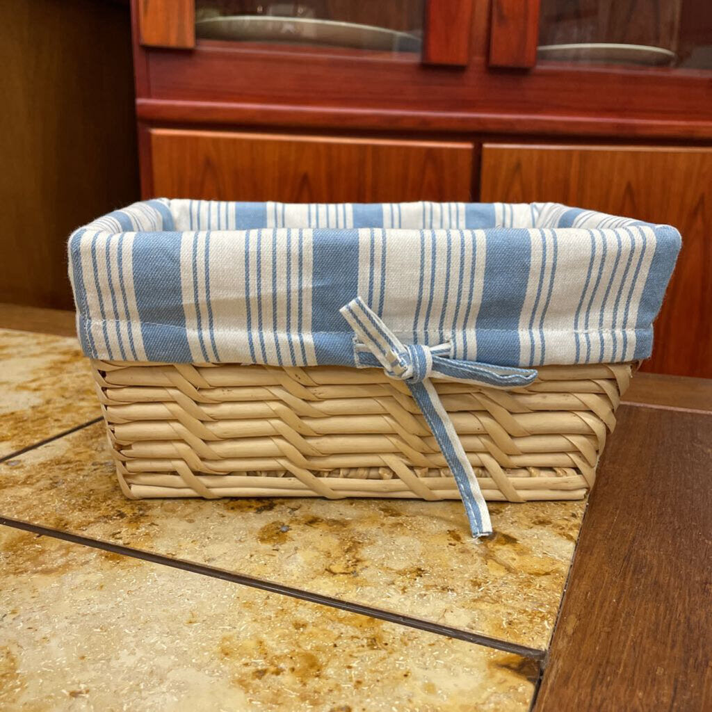 Woven Wicker Open Basket w Blue Striped Insert