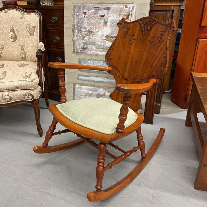 Rocking Chair w Carved Back + Sage Green Seat