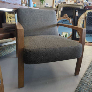 Mid Century Style Arm Chair, Grey/Cream Uphosltery, Light Walnut Arms