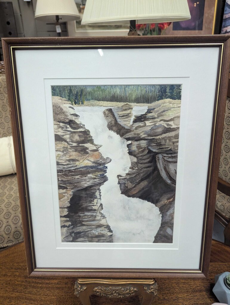 "Plunging Cataract" Original Watercolour By Pat MacAulay, Wood Frame