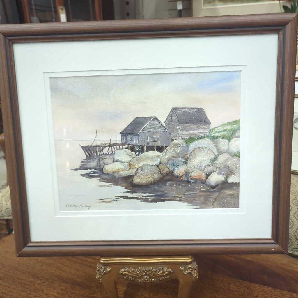 "Gone Fishing" Original Watercolour By Pat MacAulay, Dark Wood Frame