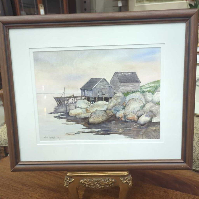 "Gone Fishing" Original Watercolour By Pat MacAulay, Dark Wood Frame
