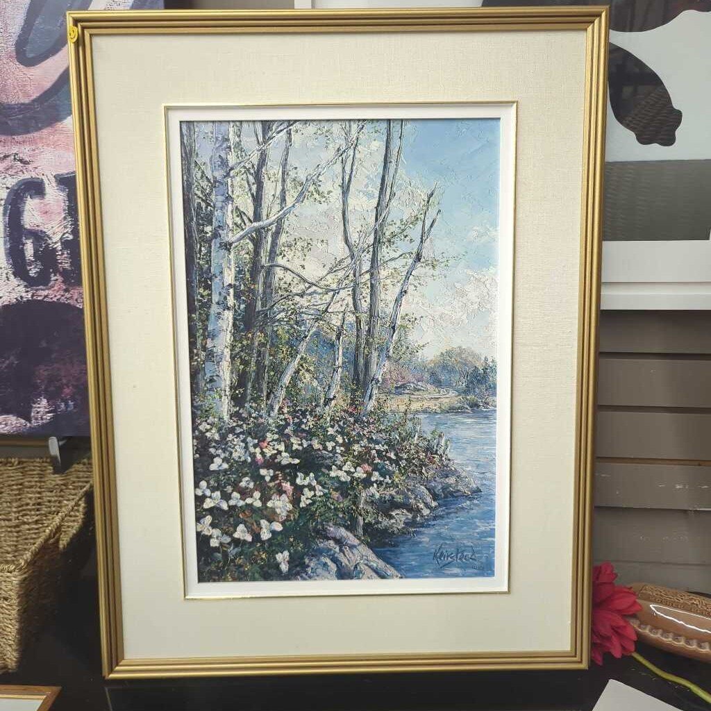 "Trilliums" Gesso Print on Board By JL Keirstead, Gold Frame