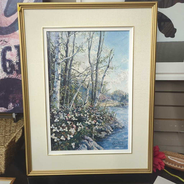 "Trilliums" Gesso Print on Board By JL Keirstead, Gold Frame