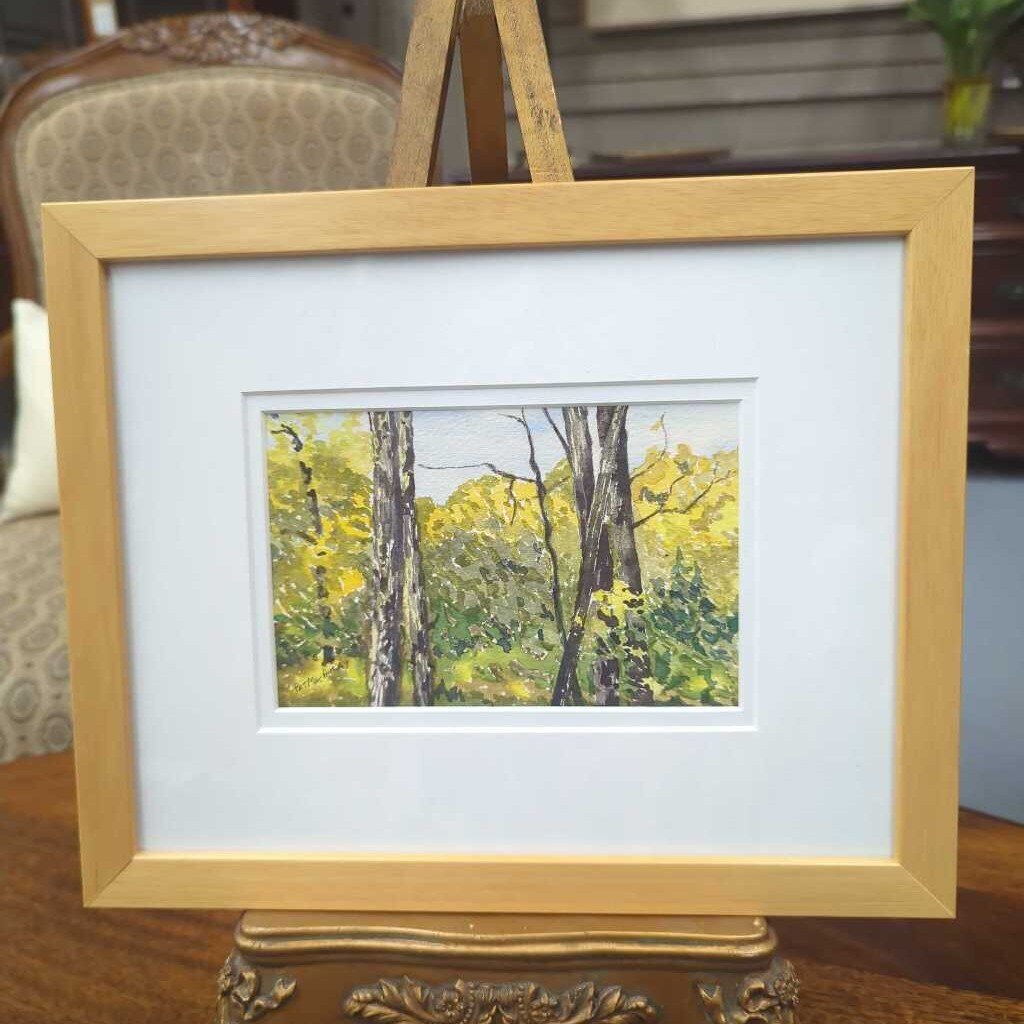 "Little Cat in the Fall" Original Watercolour By Pat MacAulay, Pine Frame