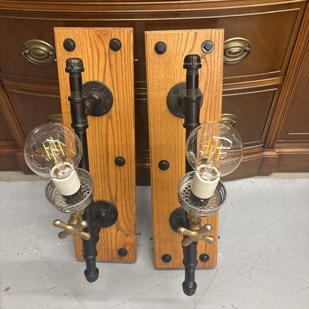 Steam Punk - PAIR Water Faucet Sconces w Sink Strainer by Local Artist Jeff Baker