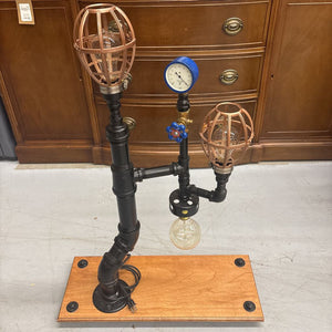 Steam Punk Table Lamp by Local Artist Jeff Baker - Blue Gauge, 2 Cage Shades