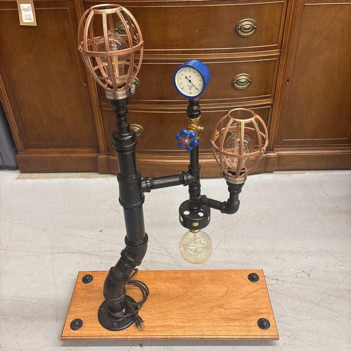 Steam Punk Table Lamp by Local Artist Jeff Baker - Blue Gauge, 2 Cage Shades