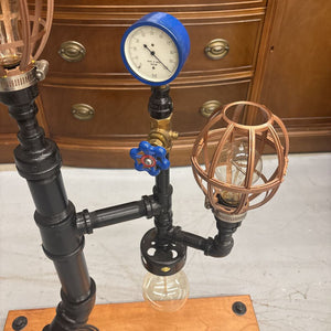 Steam Punk Table Lamp by Local Artist Jeff Baker - Blue Gauge, 2 Cage Shades