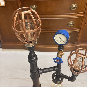 Steam Punk Table Lamp by Local Artist Jeff Baker - Blue Gauge, 2 Cage Shades